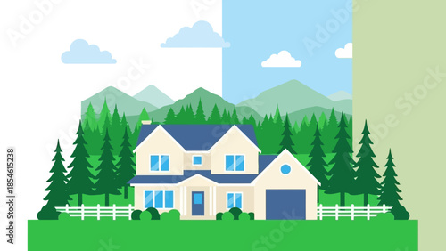 Serene Suburban Landscape A Modern House Surrounded by Lush Greenery and Majestic Mountains Under a Clear Sky