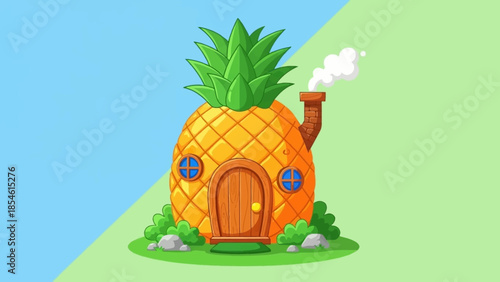 Whimsical Pineapple House Illustration with Door, Windows, and Smoke from Chimney