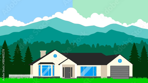 Cozy suburban home with a picturesque mountain backdrop, surrounded by lush greenery and a clear blue sky