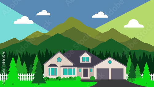 Charming suburban house nestled amidst rolling green hills and lush pine trees under a bright blue sky with fluffy clouds