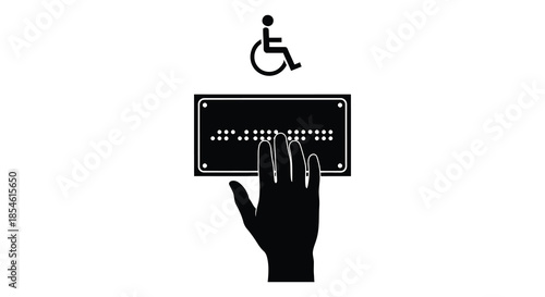 A black and white image depicting a hand touching braille alongside an accessibility symbol silhouette