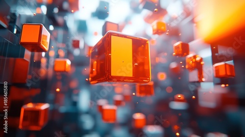 Abstract Orange Cubes Floating, Technology Background, Digital Art