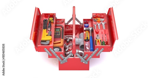 Opening of red expendable cantilever tool box with plumber tools - 3D animation seamlessly loopable