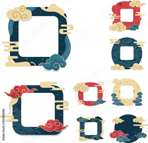 Vibrant Asian-inspired picture frames with various designs are displayed on a white background for decoration.