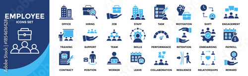 Employee icon set collection. an icon pack contain industry, worker, staff, team, job, hiring, office, task, shift, payroll, support, training, performance, contract, engagement