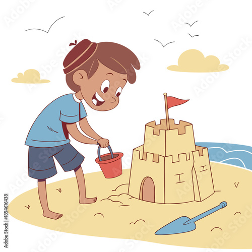 Child building sandcastle on beach with cheerful expression  