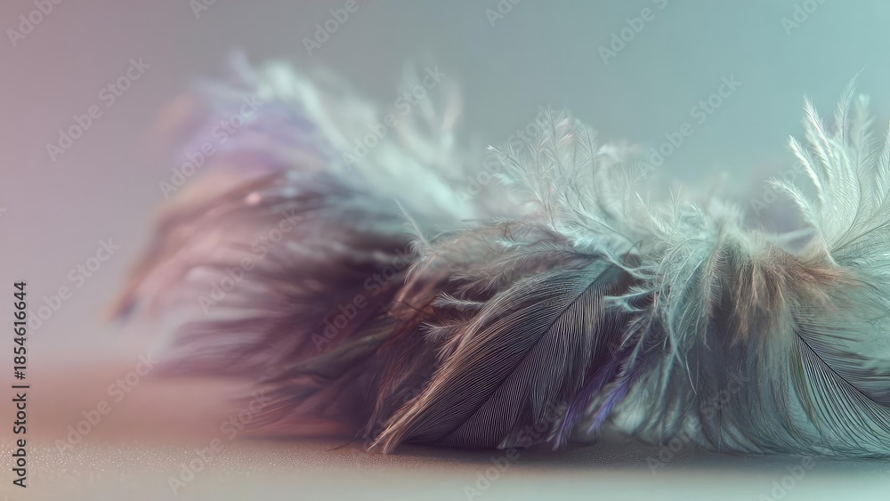 Obraz premium soft pastel-colored feathers laid on a surface Concept Pastel Feather Flat Lay, Soft Pastel Palette, Delicate Feather Texture, Subtle Surface Arrangement, Gentle Light Shadows
