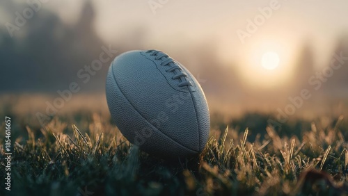 A football resting on dewy grass at sunrise. Concept Sunrise football on dewy grass, tranquil morning light, soft golden hour, close-up texture, quiet sports moment