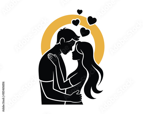 Romantic couple embracing with hearts and sun in background