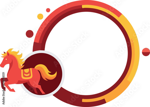 A vibrant illustration of a horse runs within a colorful circular graphic.