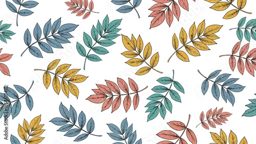"Delicate Hand-Drawn Autumn Leaves Pattern in Warm Earthy Tones on a White Background"