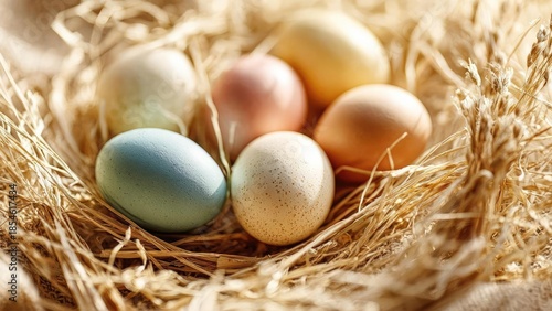 A bird's nest with pastel speckled eggs nestled in dry straw. Concept Bird Nest, Pastel Speckled Eggs, Dry Straw, Wildlife, Close-Up