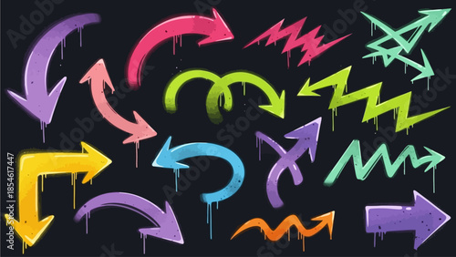 "Vibrant and Artistic Collection of Graffiti-Style Arrows and Directional Symbols in Bold Colors"