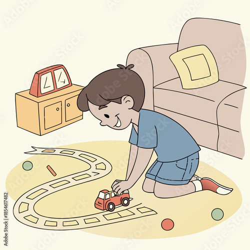 Young boy playing with toy car on play mat at home  