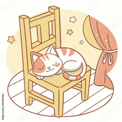 Cat sleeping peacefully on wooden chair by curtain in cozy room  