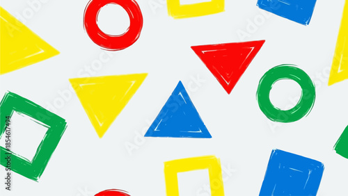 Vibrant hand-drawn geometric shapes pattern featuring a lively mix of triangles, circles, and squares in primary colors, creating a playful and modern abstract background design