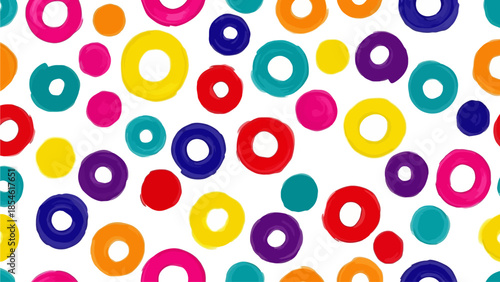 Vibrant and Playful Abstract Pattern of Hand-Painted Colorful Circles and Dots on White Background, Ideal for Creative Design Projects and Textile Prints