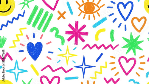 Vibrant and Playful Hand-Drawn Doodle Pattern Background with Cheerful Hearts, Stars, and Abstract Shapes, Perfect for Celebratory Designs