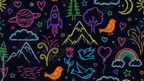 Vibrant Chalkboard Doodle Seamless Pattern with Cosmic, Nature, and Festive Elements