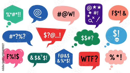 Colorful graphic speech bubbles with symbols of strong emotions. Vector illustration for frustration, anger, and impactful communication in modern design
