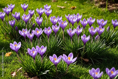 Lila Crocusblüten auf einer grünen Wiese im Frühling