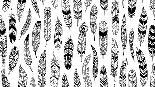 Stylized Black and White Feathers Intricate Bohemian Patterns Create a Decorative Seamless Background Illustration for Design Projects