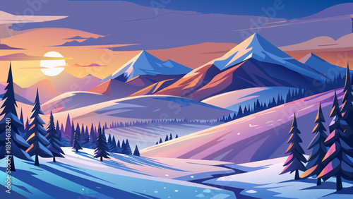 Snow-covered hills with long shadows at sunset, creating a peaceful winter evening scene