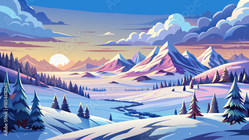 Wide panoramic winter landscape with endless snow fields under a dramatic cloudy sky