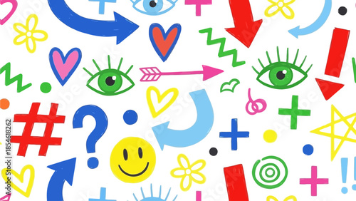 Vibrant abstract graphic pattern featuring a playful assortment of colorful symbols, expressive emojis, and diverse hand-drawn elements for a lively digital background