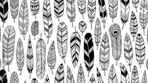 Elegant Hand-Drawn Boho Feather Pattern A Seamless Black and White Vector Background with Intricate Tribal Designs and Artistic Bird Plumes for Creative Projects