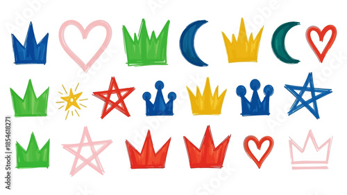 Vibrant collection of hand-drawn crowns, hearts, stars, and crescent moons, perfect for whimsical and playful design projects and decorations