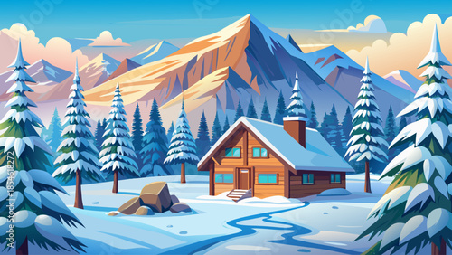 Snow-covered mountain cabin surrounded by pine trees in a remote winter wilderness