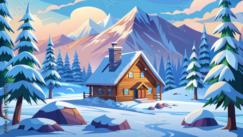 Snow-covered mountain cabin surrounded by pine trees in a remote winter wilderness