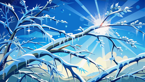 Ice-covered branches sparkling in winter sunlight against a clear blue sky