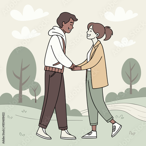 Young couple holding hands and smiling while walking in park  