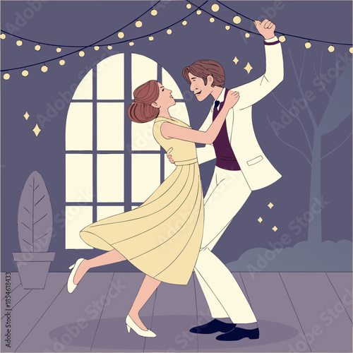 Young couple dancing joyfully in decorated indoor setting at night  