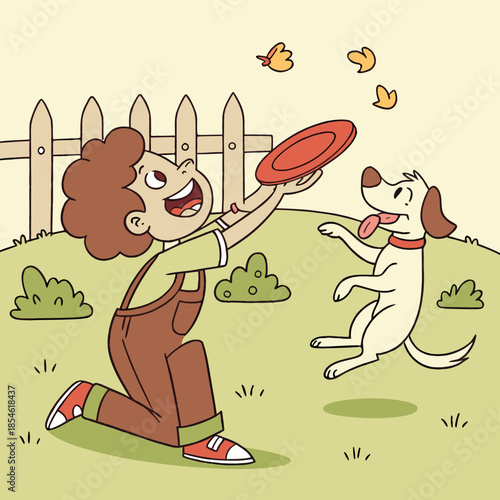 Boy playing with dog and frisbee in backyard on sunny day  