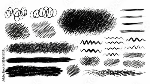 Collection of various abstract hand-drawn pencil scribble and hatching brush stroke effects