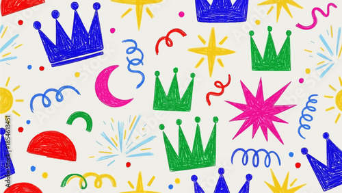 Vibrant Hand-Drawn Crown, Star, and Confetti Pattern A Whimsical Background for Festive Celebrations and Children's Events, Illustrating Joy and Royalty