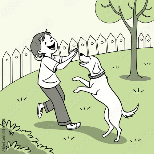 Young boy playing happily with a dog in a grassy park  