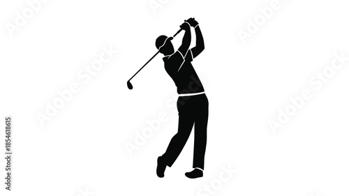 A golfer completing his swing in a striking black silhouette