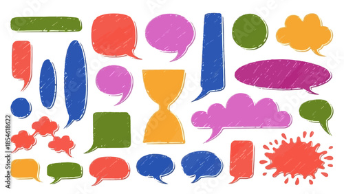 Collection of colorful speech bubbles and thought clouds in various shapes and sizes for communication and ideas