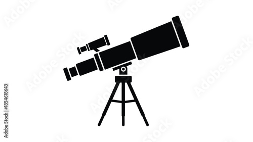 A black telescope on a tripod stand a distinctive silhouette