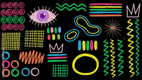Vibrant abstract hand-drawn doodles collection with expressive artistic shapes and colorful decorative elements on a dark background, ideal for dynamic graphic design and modern creative projects
