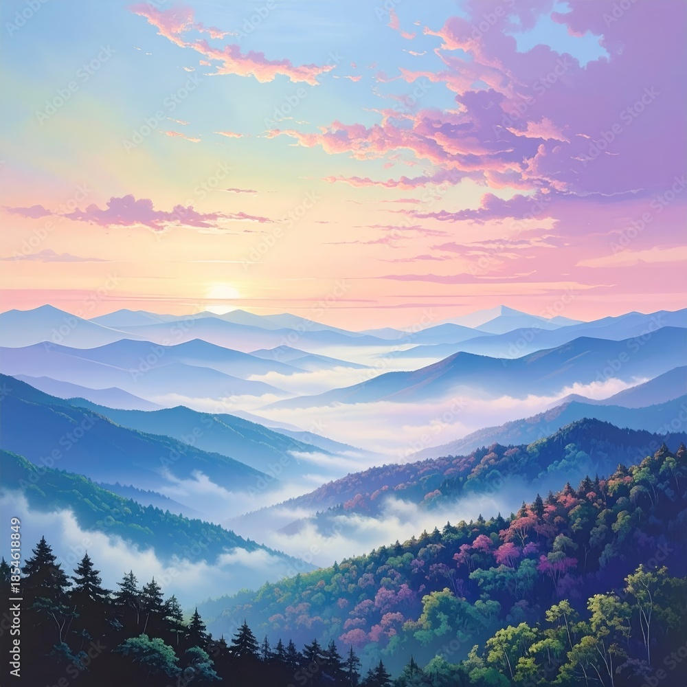 Fototapeta premium Layered mountains in pastel sunrise