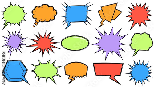 Diverse collection of colorful hand-drawn comic speech bubbles, thought clouds, and explosion shapes perfect for vibrant graphic design projects and communication