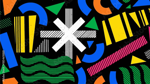 Abstract geometric pattern with playful shapes and bright colors, vibrant graphic design