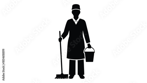 A classic depiction of a janitor with a bucket and broom silhouette