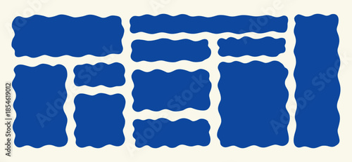 Wavy Textbox Blue Silhouette Set. Text Box Shape Frame Kit. Edge Rectangle Edge Border Bundle. Doodle Vector Illustration