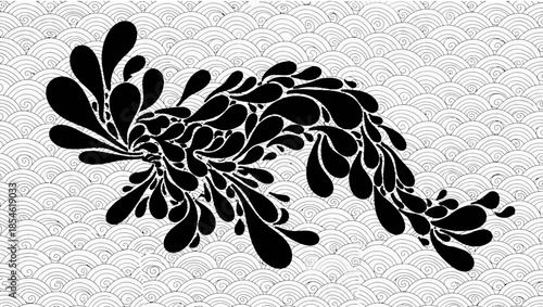 Monochrome abstract design featuring cascading water droplets with circular wave background